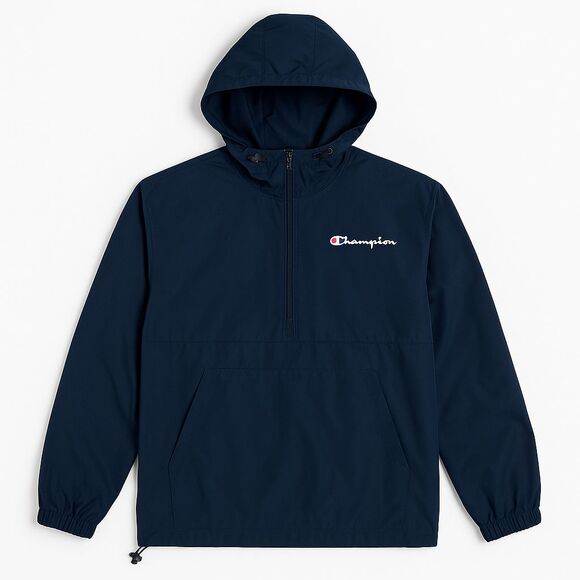 Champion Navy Pullover Windbreaker Hoodie Men Size S Logo Half Zip Front Pocket - Picture 4 of 9